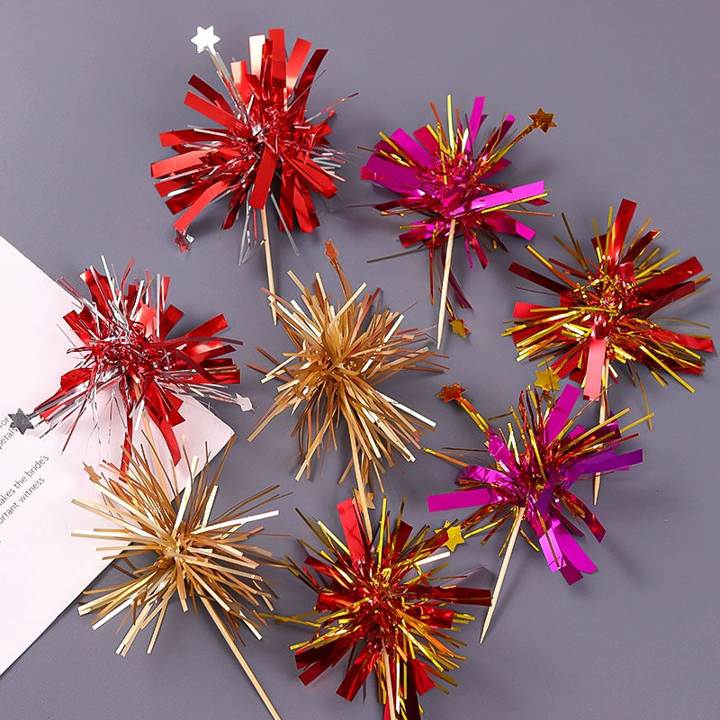 2024新年跨年元旦蛋糕装饰插件红金星星雨丝插牌烘焙甜品装扮配件