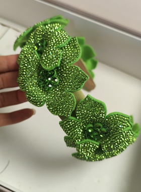 高级感绿色水钻花朵发箍立体花瓣满钻头箍礼服配饰网红氛围感头饰
