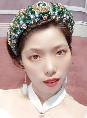 巴洛克发饰绿色水晶发箍女海棉加厚头箍女宫廷镶嵌发卡女宽边压发
