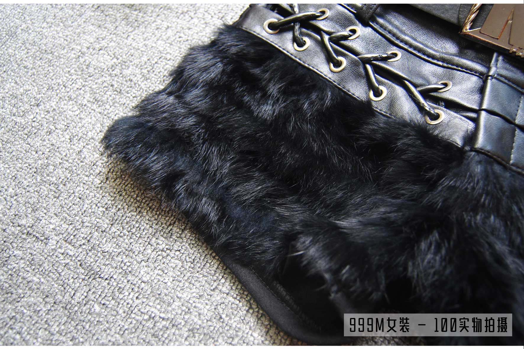 秋冬新款女装修身显瘦皮草仿兔毛拼接PU皮短裤女皮裤 百搭靴裤潮,淘宝优惠券,粉丝福利购,淘宝优惠卷