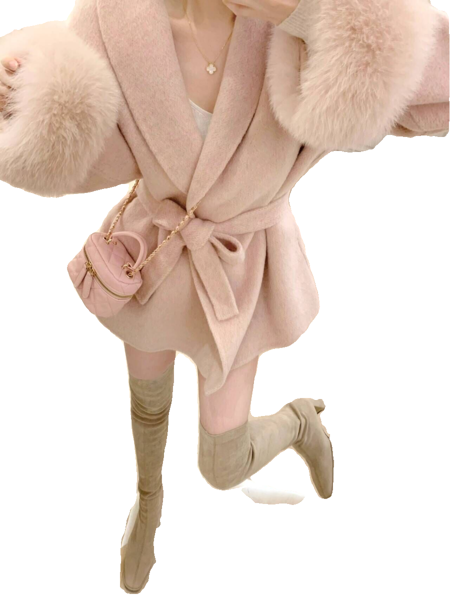 狐狸毛双面羊绒大衣女秋冬短款小个子高级气质名媛系带羊毛呢外套
