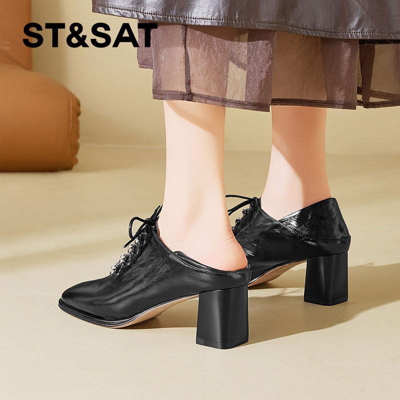 星期六系带粗跟深口单鞋女2025春季新款小个子高跟真皮轻便小皮鞋,淘宝优惠券,粉丝福利购,淘宝优惠卷