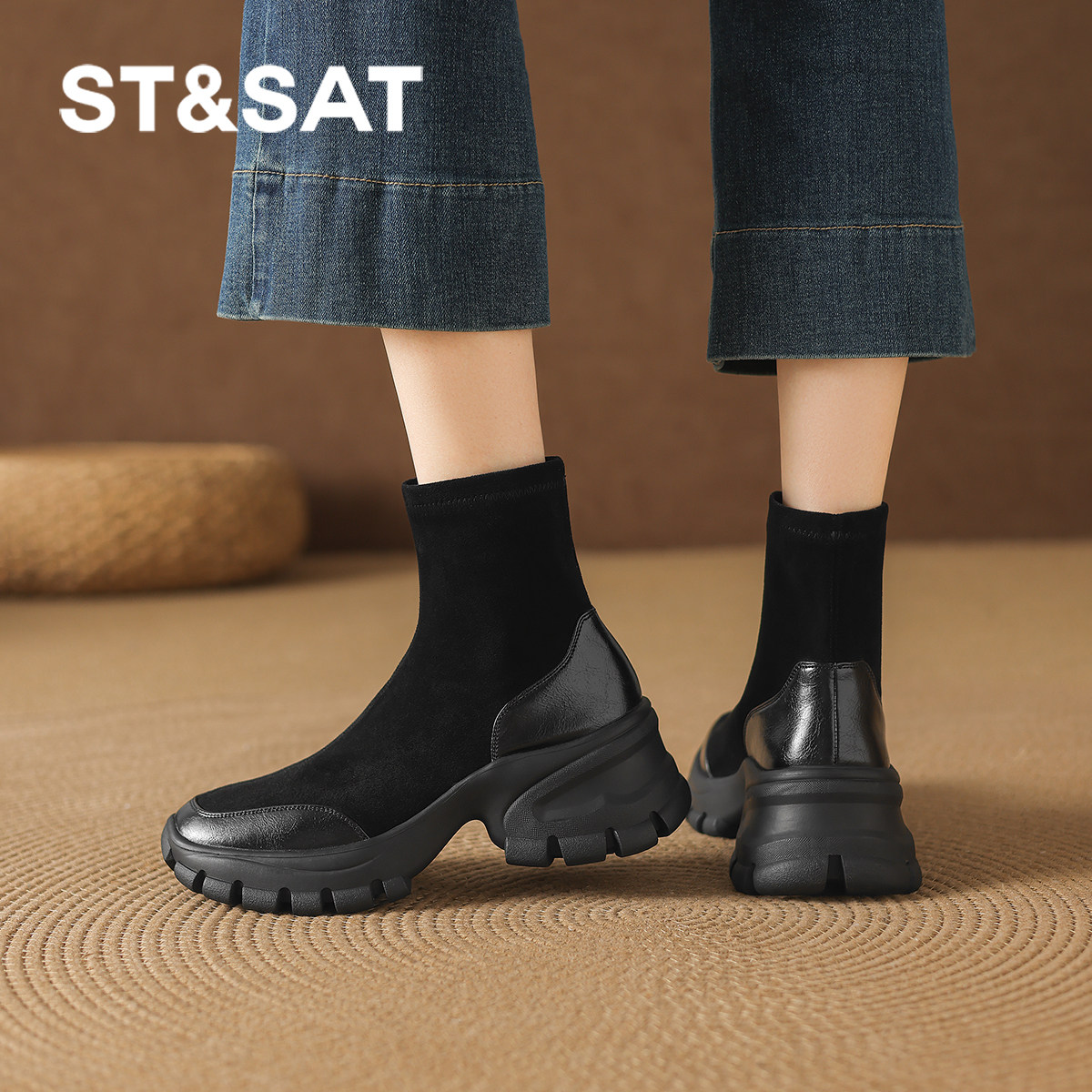 星期六黑色绒面厚底短靴女2025新款秋季英伦风复古烟筒弹力靴袜靴,淘宝优惠券,粉丝福利购,淘宝优惠卷
