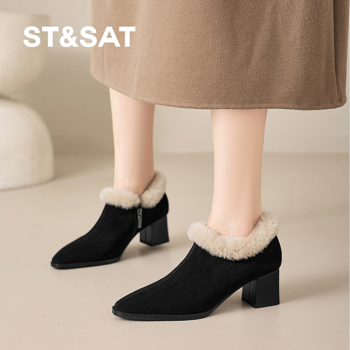 星期六新款女单鞋中跟加绒保暖毛绒深口单鞋尖头粗跟通勤鞋女,淘宝优惠券,粉丝福利购,淘宝优惠卷