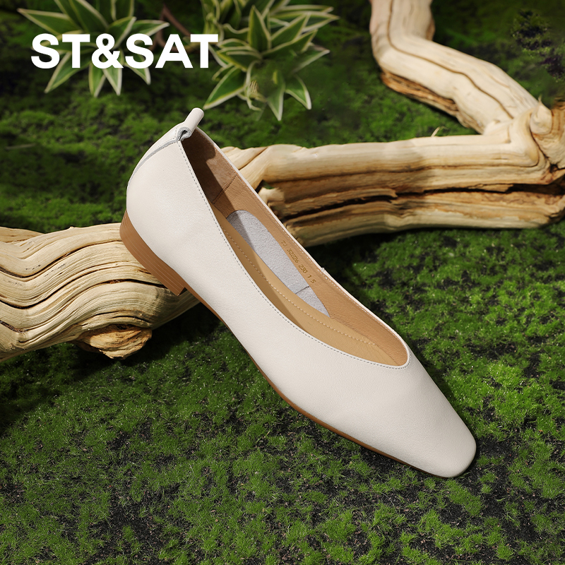 星期六真皮平底单鞋女2025夏季新款妈妈鞋方头女鞋浅口软皮小皮鞋 - 图1