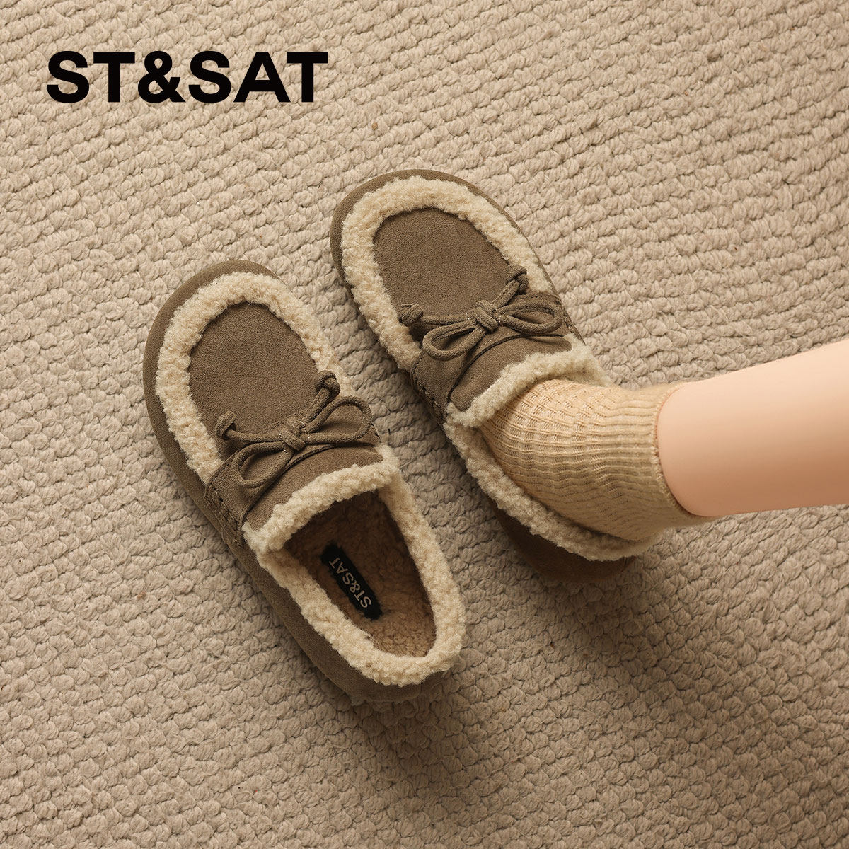 星期六真皮加绒豆豆鞋女鞋2025新款冬季保暖棉鞋一脚蹬毛毛勃肯鞋,淘宝优惠券,粉丝福利购,淘宝优惠卷