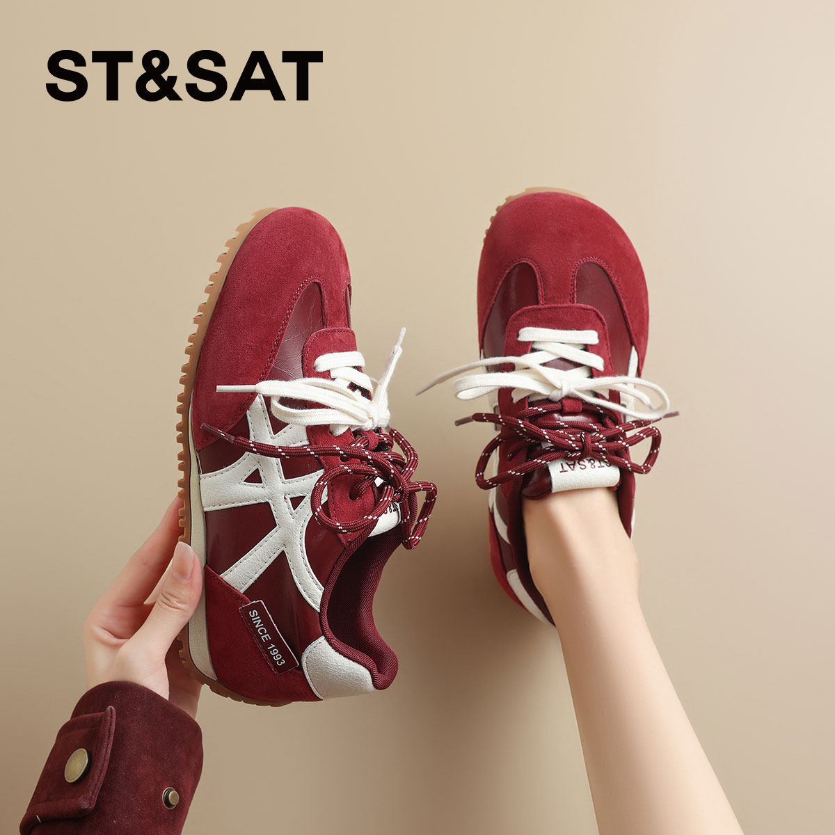 星期六真皮德训鞋女鞋红色女款鞋子爆款厚底增高运动鞋复古休闲鞋