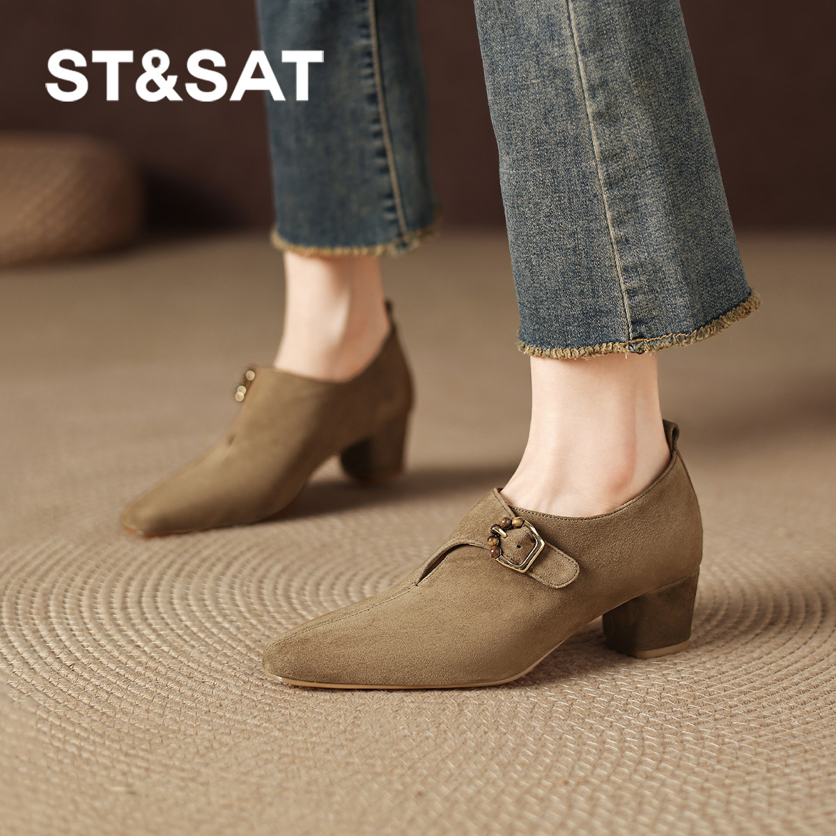 星期六真皮羊皮尖头中跟单鞋2025新款深口粗跟女士女款皮鞋复古秋,淘宝优惠券,粉丝福利购,淘宝优惠卷