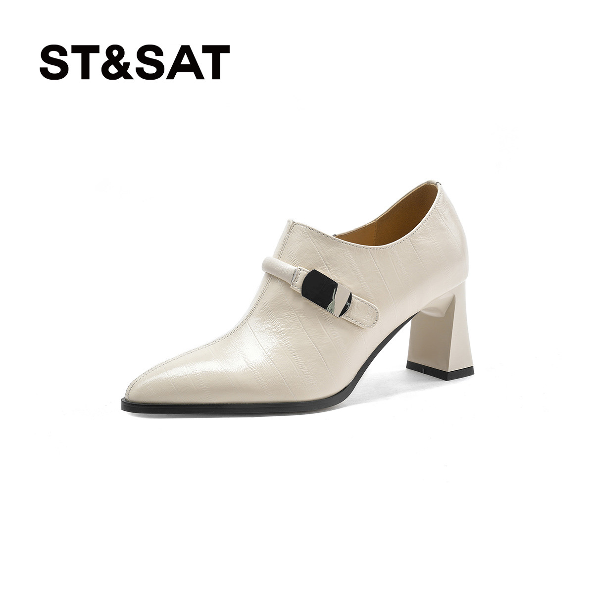 St&Sat/星期六深口单鞋女25春秋新款粗跟女士皮鞋尖头中跟乐福鞋,淘宝优惠券,粉丝福利购,淘宝优惠卷