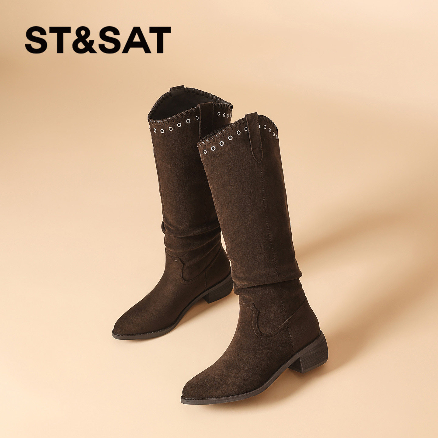 星期六尖头棕色长靴女2026新款秋冬高跟加绒长筒靴复古高筒牛仔靴,淘宝优惠券,粉丝福利购,淘宝优惠卷