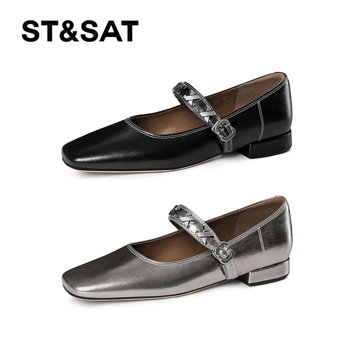 星期六棕色玛丽珍鞋女2025真皮方头浅口平底单鞋一字带法式小皮鞋,淘宝优惠券,粉丝福利购,淘宝优惠卷