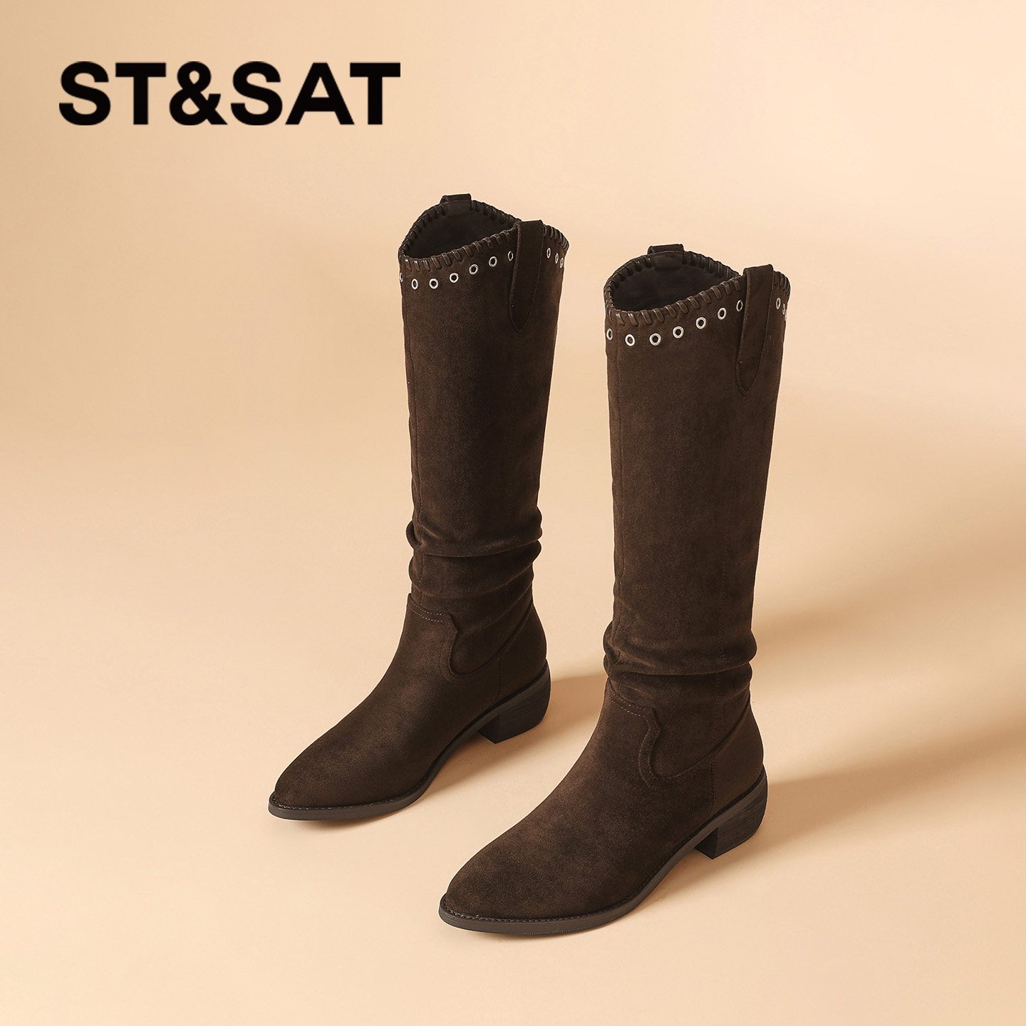 星期六尖头棕色长靴女2026新款秋冬高跟加绒长筒靴复古高筒牛仔靴,淘宝优惠券,粉丝福利购,淘宝优惠卷