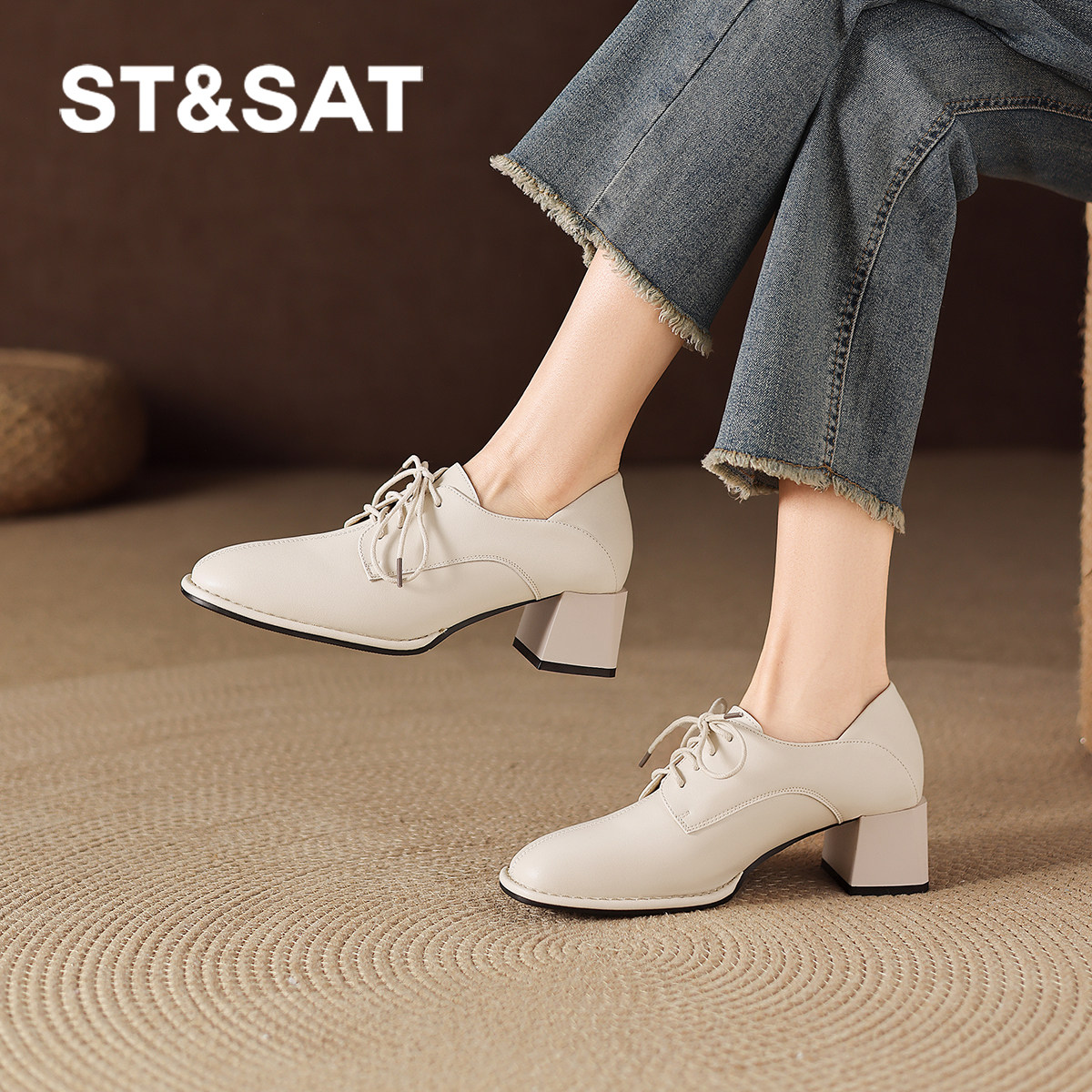 星期六羊皮单鞋女冬季2026新款高跟鞋英伦风女士皮鞋真皮系带女鞋,淘宝优惠券,粉丝福利购,淘宝优惠卷