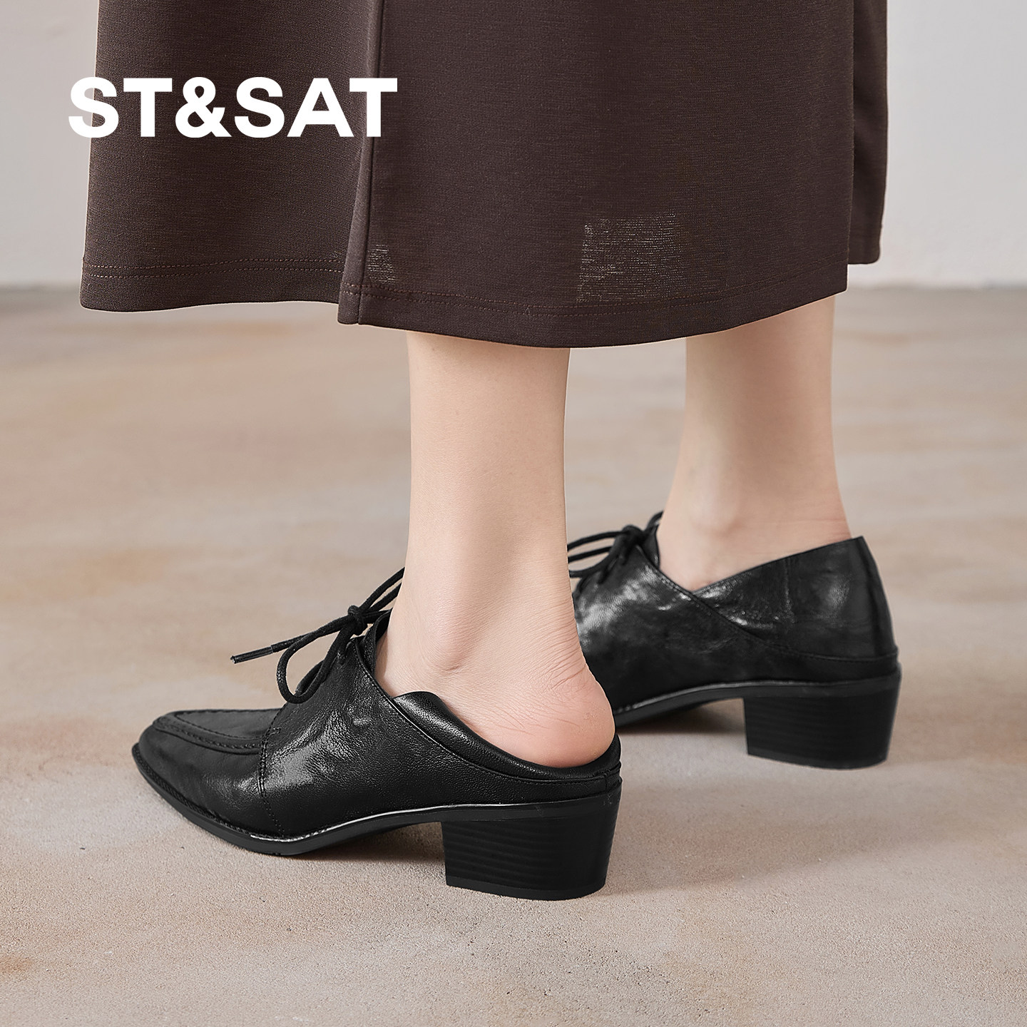 星期六2026春季新款粗跟深口单鞋百搭通勤女鞋黑色系带真皮工作鞋,淘宝优惠券,粉丝福利购,淘宝优惠卷
