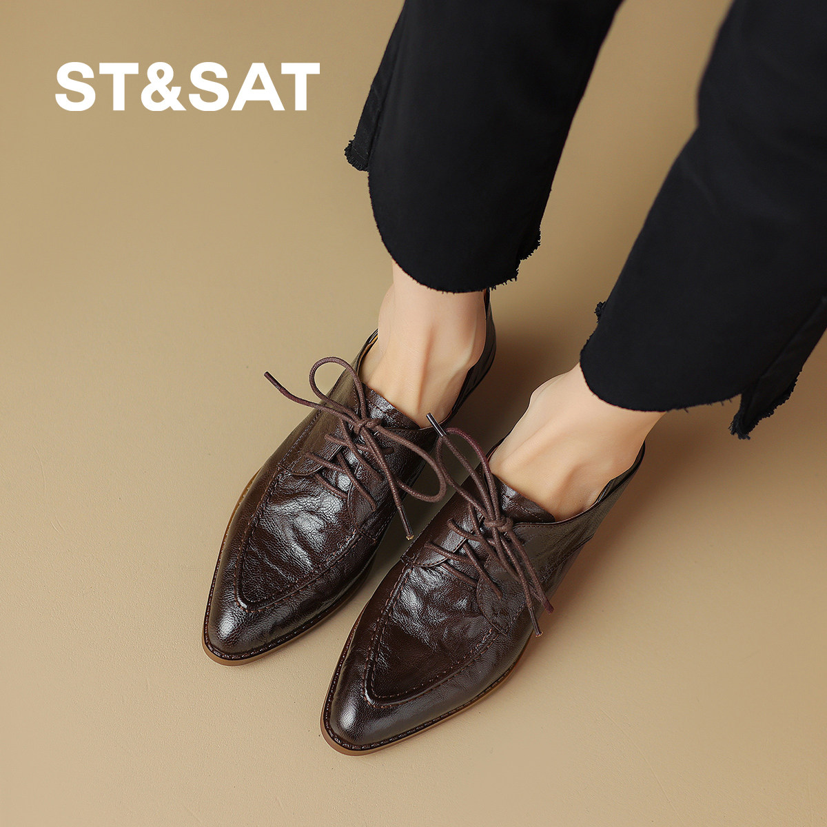 St&Sat/星期六女鞋系带小皮鞋新款乐福鞋尖头中跟简约女深口单鞋,淘宝优惠券,粉丝福利购,淘宝优惠卷