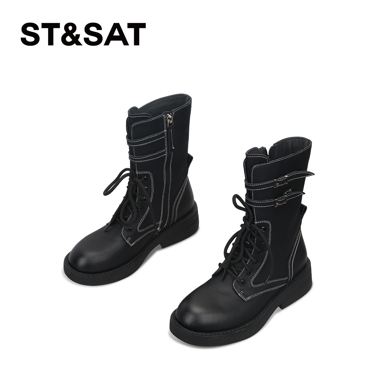 【牛皮】星期六复古英伦马丁靴25秋冬粗跟厚底皮带扣长筒骑士靴,淘宝优惠券,粉丝福利购,淘宝优惠卷