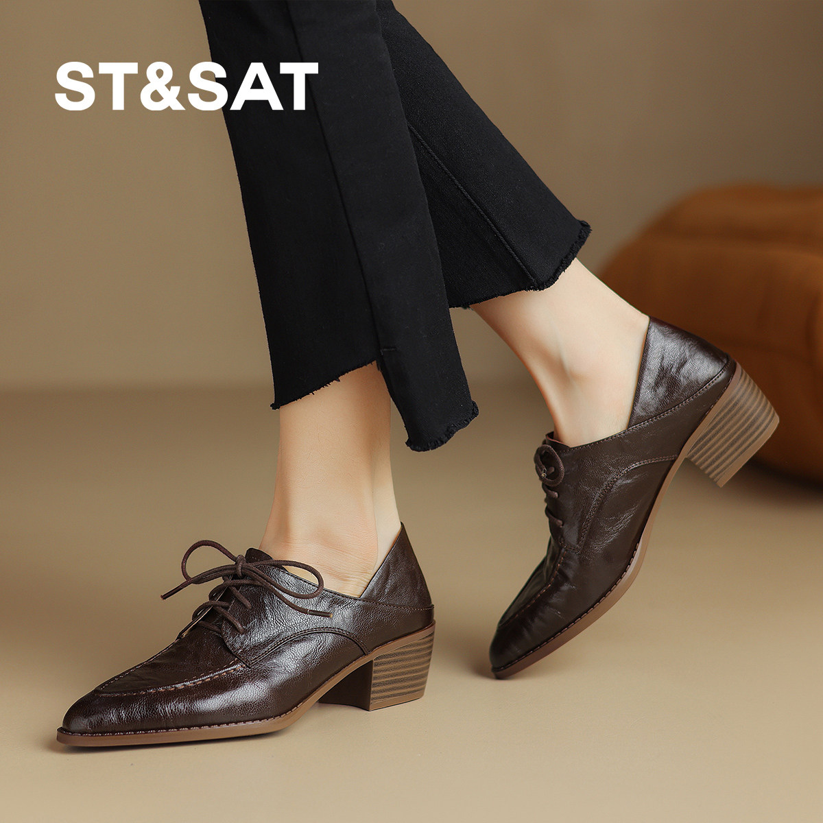St&Sat/星期六女鞋系带小皮鞋新款乐福鞋尖头中跟简约女深口单鞋,淘宝优惠券,粉丝福利购,淘宝优惠卷