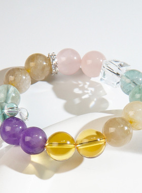 天然彩虹多宝水晶手链串珠设计感清新粉晶绿萤石紫水晶手串手饰