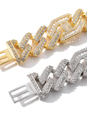 欧美跨境项链男嘻哈三比一翻盖扣15mm宽条形古巴链嘻哈男士项链