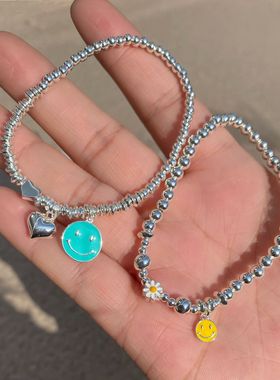 S925纯银笑脸爱心手串小雏菊花手串滴釉春款手链