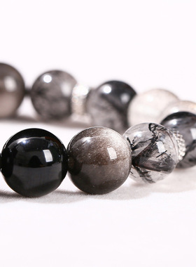 晶东珠宝7a天然银曜石黑发晶混串不锈钢手链跨境时尚圆珠手串