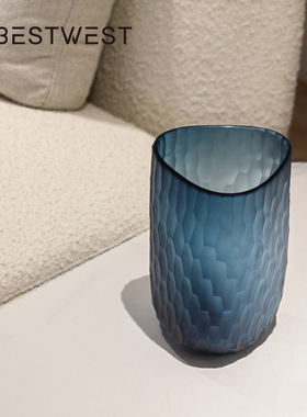 博西家居 冷色直通磨砂蜂窝纹水培玻璃花瓶摆件样板间软装饰品