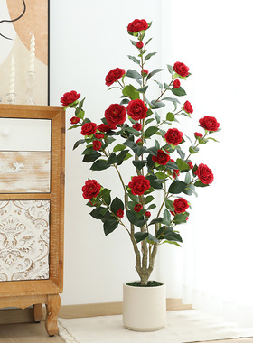 仿真绿植山茶花树盆栽人造树家居室内落地摆件亚马逊仿真树可