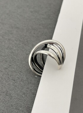925纯银做旧效果多层缠绕不规则面开口戒指个性百搭潮流复古指环