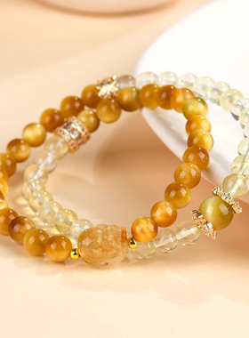 天然金虎眼柠檬黄水晶貔貅双圈手链串珠新中式国风女生手串
