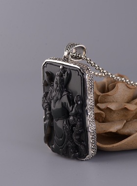 紫金裳 S925银复古 款泰银托包镶黑曜石 关公 关羽项饰吊坠