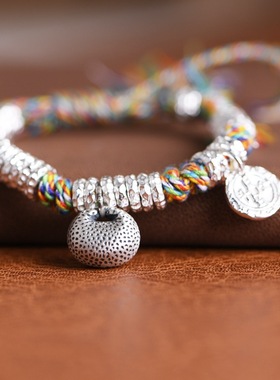 镜星辰 足银盘缠手链 文艺气质手工编绳如意锁吊饰可调节女款手环