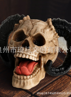 跨境新品头盔骷髅头存钱罐树脂工艺品羊角骷髅头存钱罐万圣节礼品