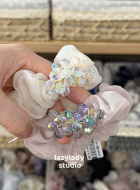 清！原22 玻璃水晶多切割面闪闪发圈 欧根纱日常中号发绳马尾头绳