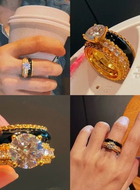 S925银镀金925银镀金莫桑钻黑金手工珐琅老钱风戒指