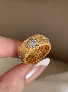 小众复古意大利拉丝925银镀Ｋ金镂空蕾丝藤蔓花绘镶钻戒指指环
