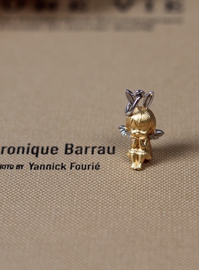 S925银镀24k金 天使系列 丘比特托腮天使雾面哑金项链吊坠耳钉