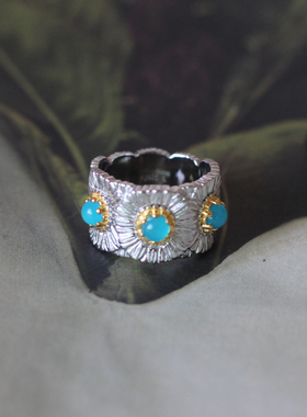 意大利轻奢高级感S925纯银彩色宝石雏菊蓝玛瑙复古设计独特戒指女