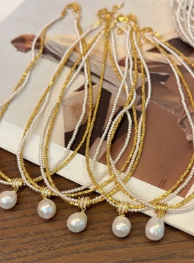 S925银碎银双层缠绕天然巴洛克水滴珍珠吊坠项链