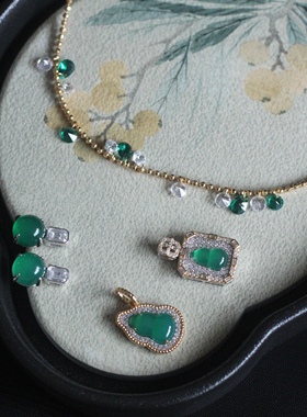 S925银镀金新中式风格天然绿玉髓葫芦方牌满钻吊坠耳钉高级感饰品