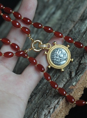 S925银镀金新年大吉红玛瑙米珠蝴蝶结飘带时尚简约串珠项链耳钉