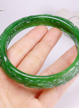 【天石玉器】新疆和田玉手镯 和田玉碧玉莲花菠菜绿手镯 油性满满