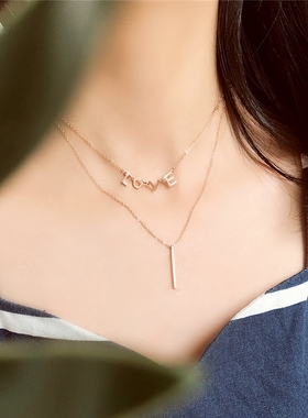 love双层几何钛钢玫瑰金锁骨链