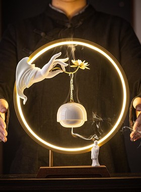 速发新花式佛意禅手莲中灯圈摆件创意倒流香炉家居客厅玄关陶瓷工