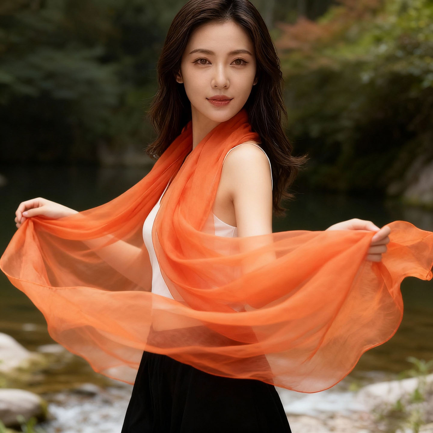 2025新款长款橘色丝巾女百搭时尚桔色纱巾薄款沙滩围巾女披肩春秋 - 图3