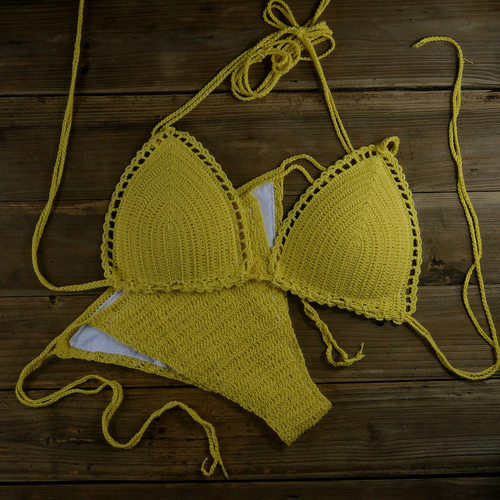 外贸欧美性感海边度假系带bikini泳衣手工编织针织比基尼套装女 - 图1