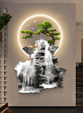 新中式迎客松进门正对墙壁画流水生财玄关装饰画轻奢走廊灯光挂画