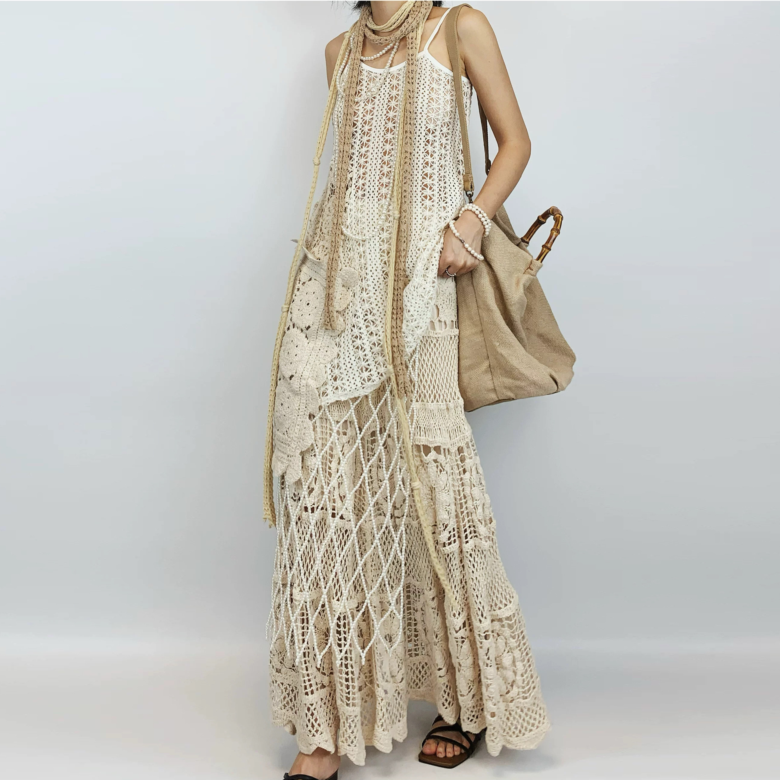 尢系UXI 法式度假风镂空针织连衣裙女蕾丝拼接吊带背心搭配半身裙,淘宝优惠券,粉丝福利购,淘宝优惠卷