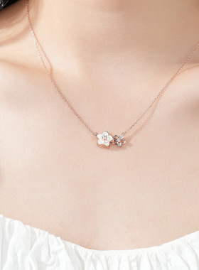 新款樱花项链女s925纯银镂空镶钻白贝锁骨链小清新仙女风百搭吊坠