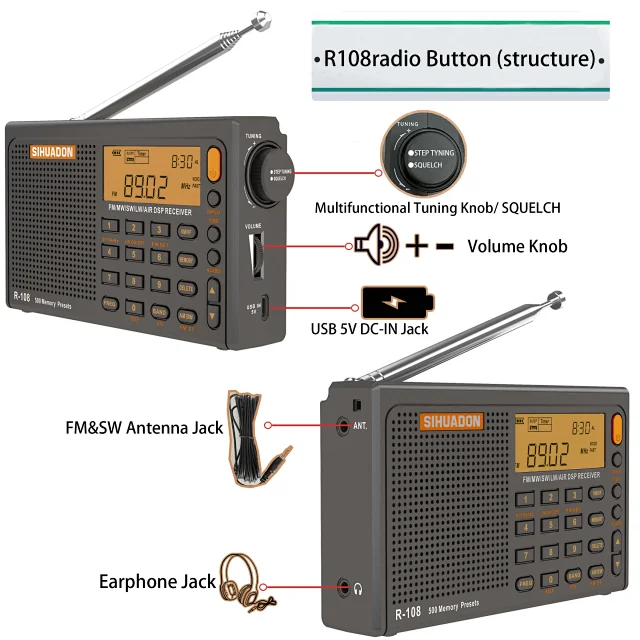 R108全波段收音机袖珍式充电数字专航空短波广播电台调谐 - 图2