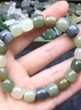 天然和田玉手串 老型桶珠多宝手链 男女款单圈多色玉石手饰带证书